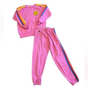 Aviator Nation Hot Pink Neon 5 Stripe Smiley Set Crewneck Sweatshirt Sweatpants